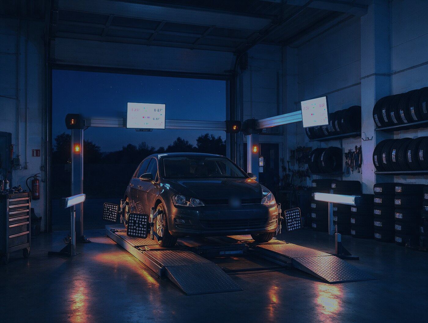 Wheel alignment rig in a tyre workshop (illustrative image)