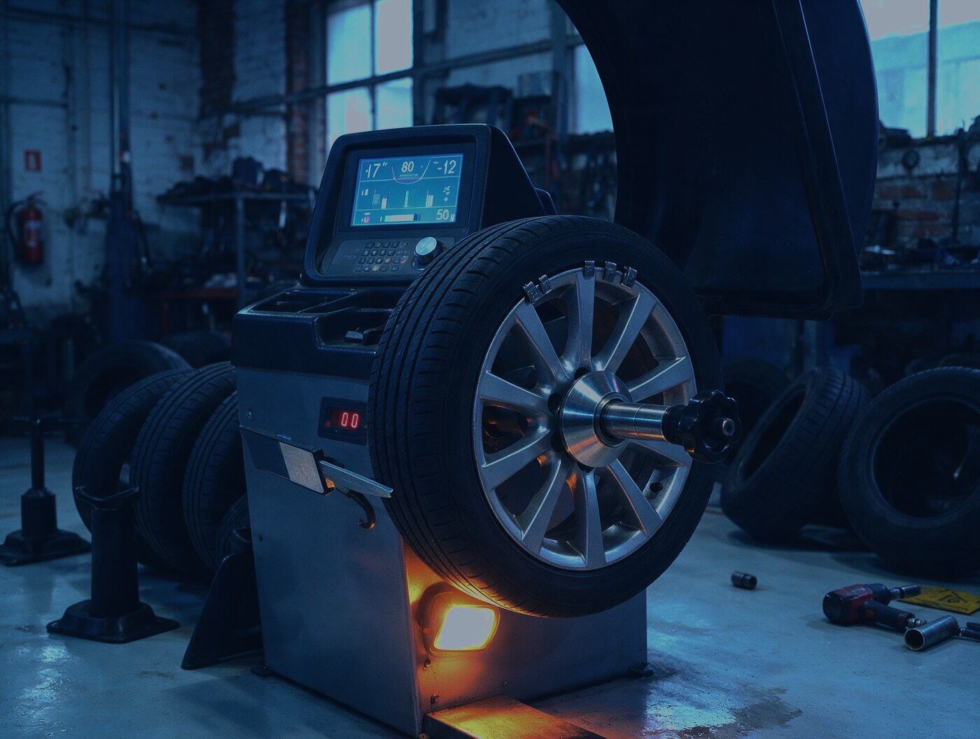 Wheel balancing machine with a mounted wheel (illustrative image)