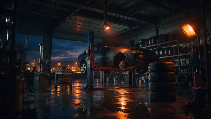 Tyre workshop at dusk with a car raised on a lift and stacked tyres