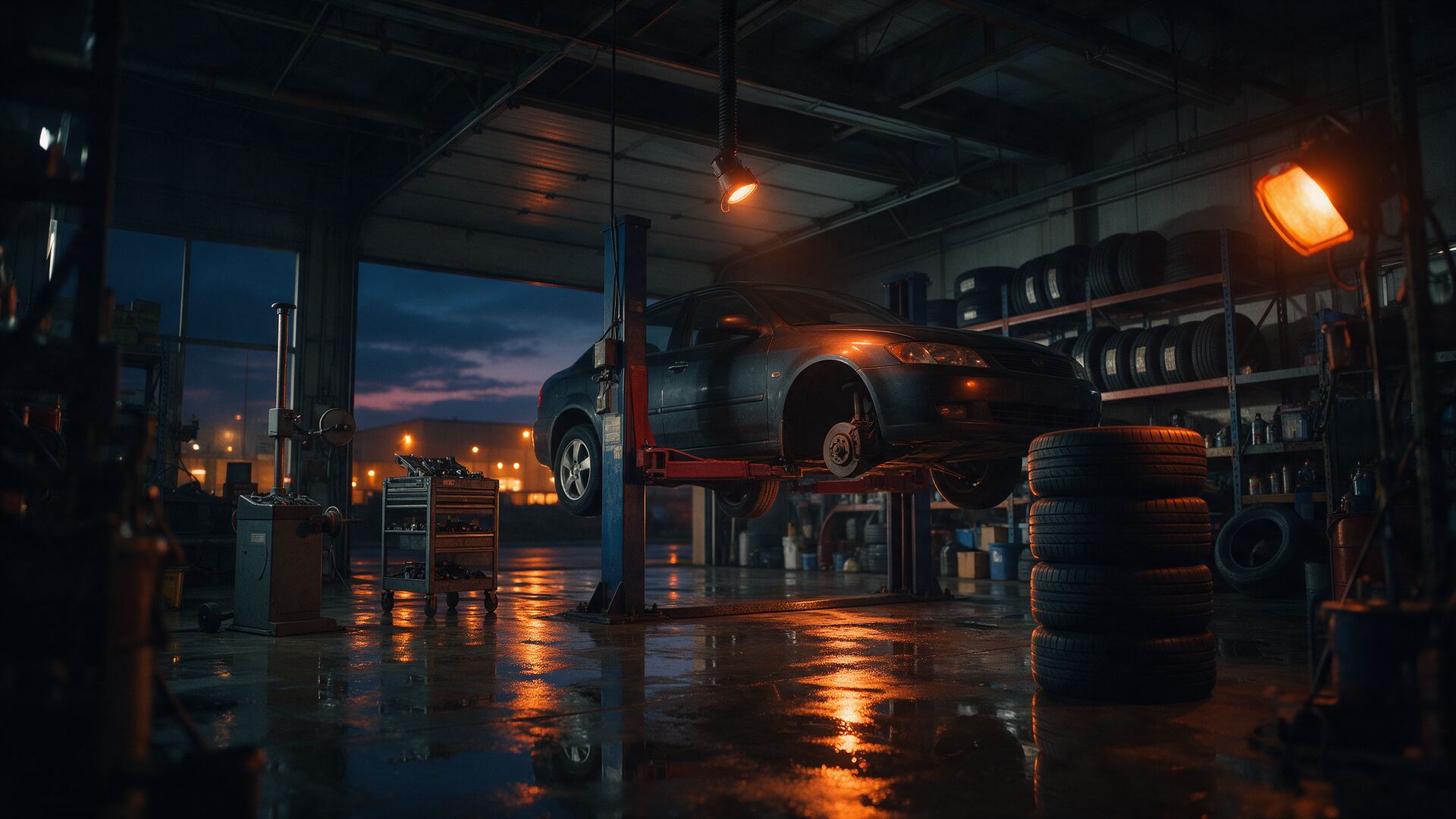 Tyre workshop interior with stacked tyres (illustrative image)
