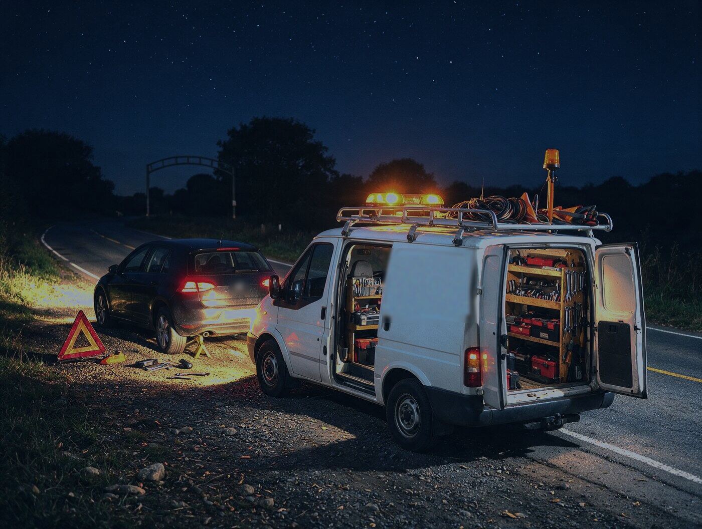 Service van with amber beacons beside a broken-down car at night (illustrative image)