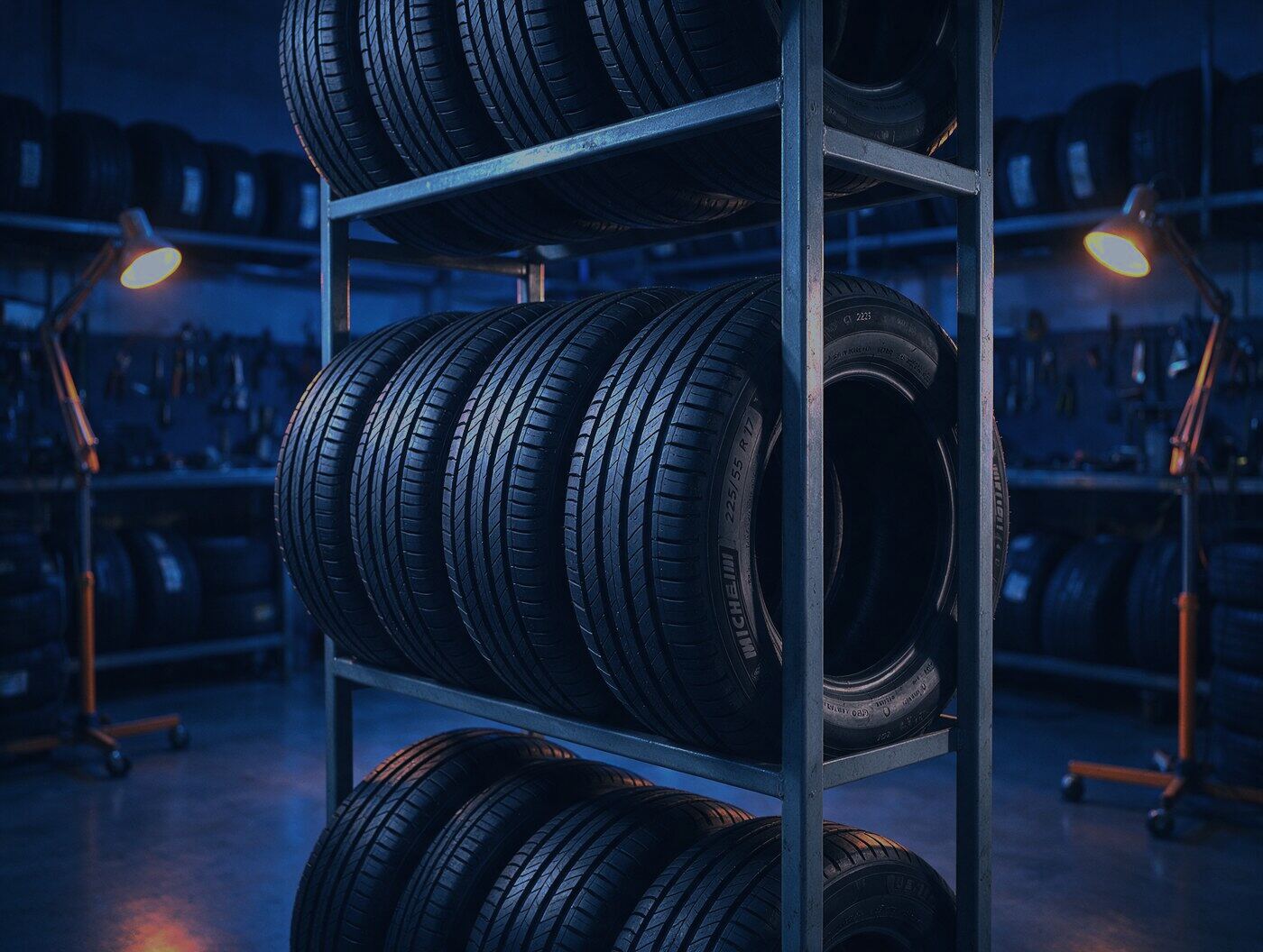 Rack of new tyres in a workshop (illustrative image)